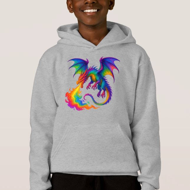Rainbow dragon breathing colorful flames fantasy hoodie (Front)