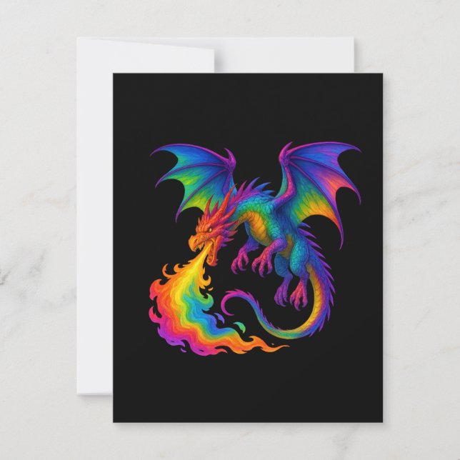 Rainbow dragon breathing colorful flames fantasy note card (Front)