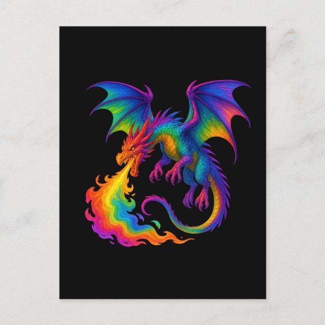 Rainbow dragon breathing colorful flames fantasy postcard (Front)