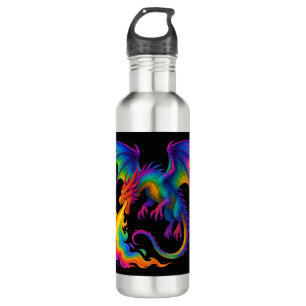 Rainbow dragon breathing colorful flames fantasy stainless steel water bottle
