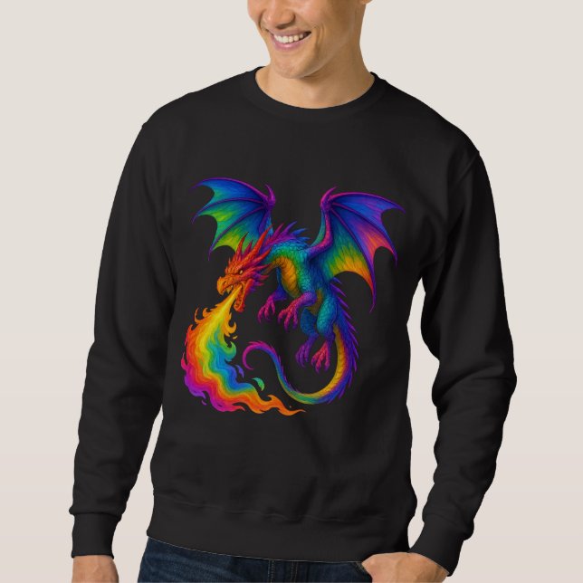 Rainbow dragon breathing colorful flames fantasy sweatshirt (Front)