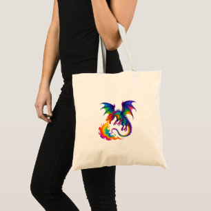 Rainbow dragon breathing colorful flames fantasy tote bag