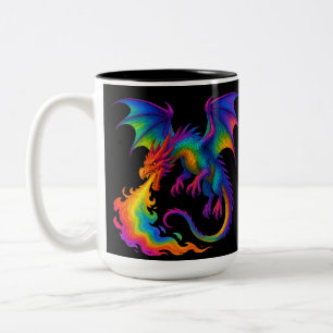 Rainbow dragon breathing colorful flames fantasy Two-Tone coffee mug