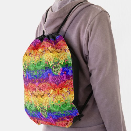 Rainbow Dragon Damask _ Gay Pride Flag Colors Drawstring Bag
