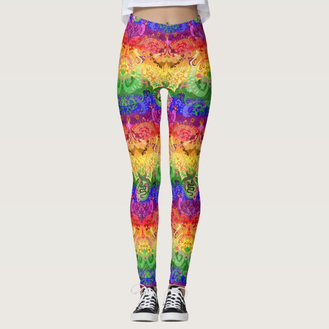 Rainbow Dragon Damask - Gay Pride Flag Colors Leggings (Front)