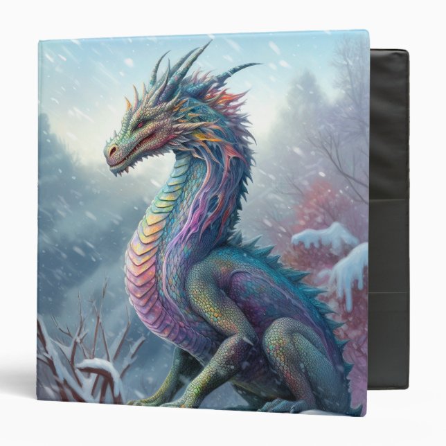 Rainbow Dragon In The Snow Fantasy Art 3 Ring Binder (Front/Inside)