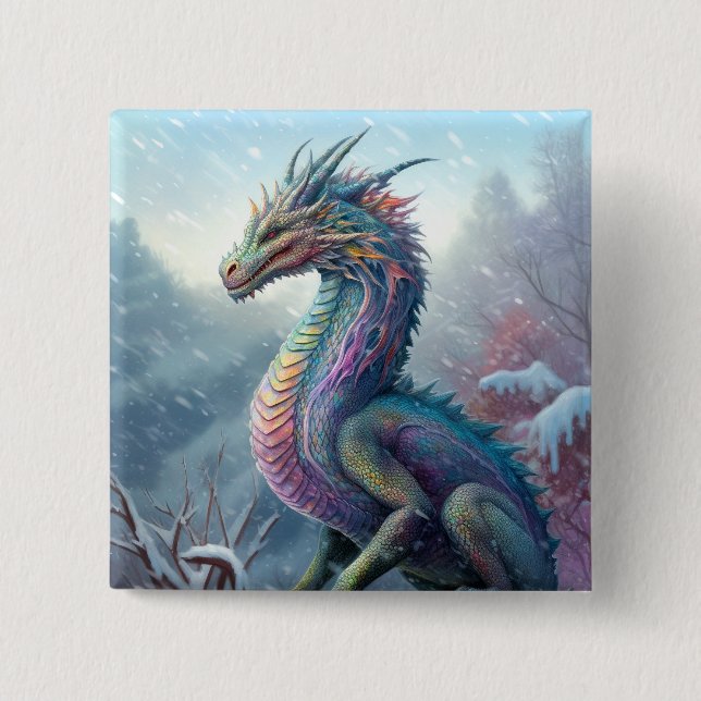 Rainbow Dragon In The Snow Fantasy Art Button (Front)