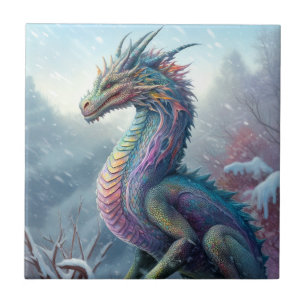 Rainbow Dragon In The Snow Fantasy Art Ceramic Tile