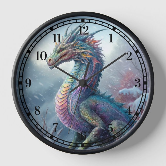 Rainbow Dragon In The Snow Fantasy Art Clock (Front)