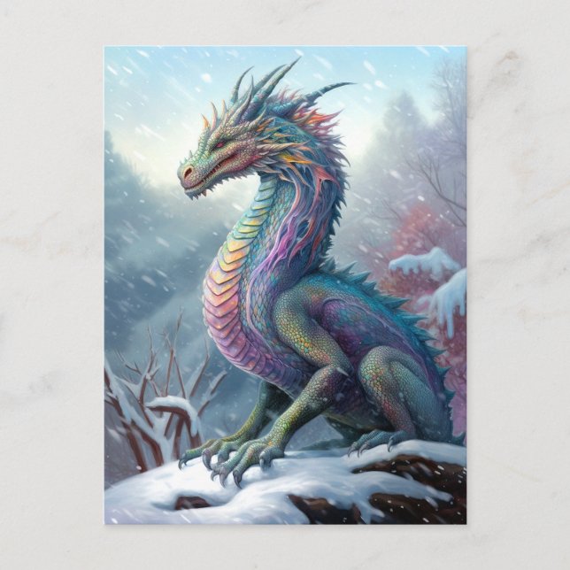 Rainbow Dragon In The Snow Fantasy Art Postcard (Front)