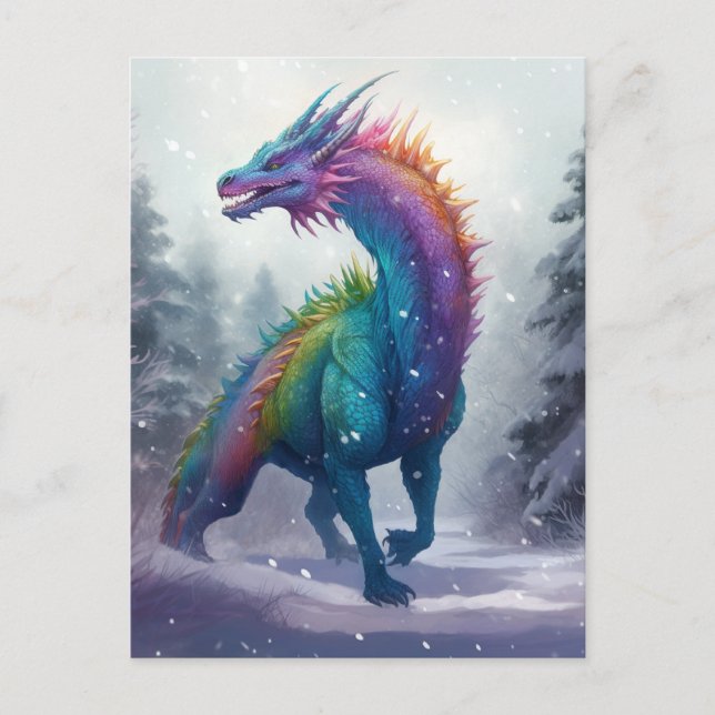Rainbow Dragon In The Snow Fantasy Art Postcard (Front)