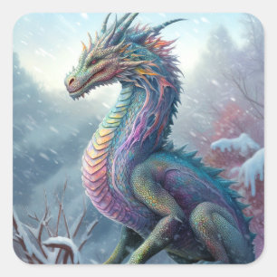 Rainbow Dragon In The Snow Fantasy Art Square Sticker