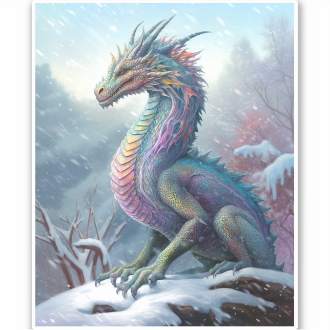 Rainbow Dragon In The Snow Fantasy Art Sticker (Front)