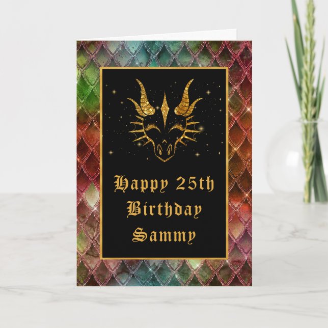 Rainbow Dragon Scales Faux Glitter Happy Birthday Card (Front)
