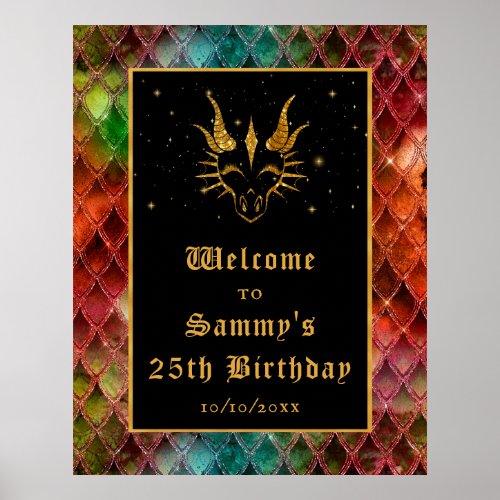 Rainbow Dragon Scales Gold Birthday Party Welcome Poster