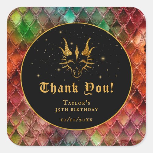 Rainbow Dragon Scales Gold Birthday Thank You Square Sticker