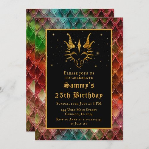Rainbow Dragon Scales Gold Faux Glitter Birthday Invitation