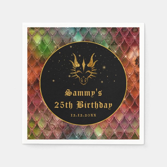 Rainbow Dragon Scales Gold Faux Glitter Birthday Napkins (Front)
