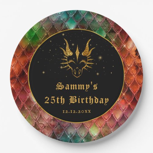 Rainbow Dragon Scales Gold Faux Glitter Birthday Paper Plates