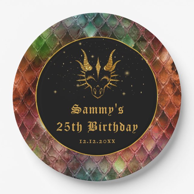 Rainbow Dragon Scales Gold Faux Glitter Birthday Paper Plates (Front)