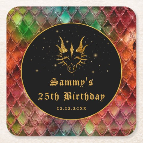 Rainbow Dragon Scales Gold Faux Glitter Birthday Square Paper Coaster