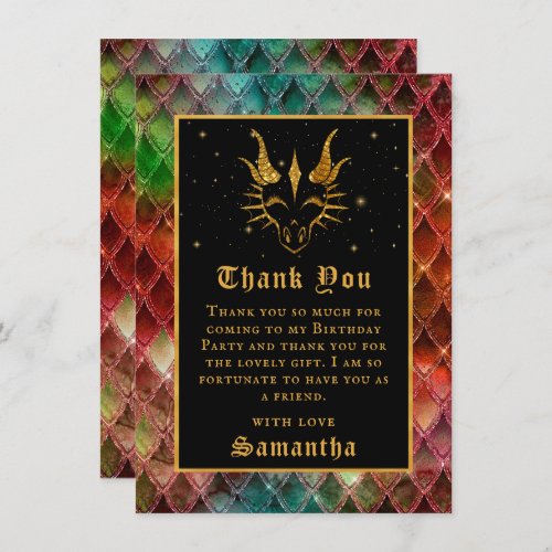 Rainbow Dragon Scales Gold Faux Glitter Birthday Thank You Card