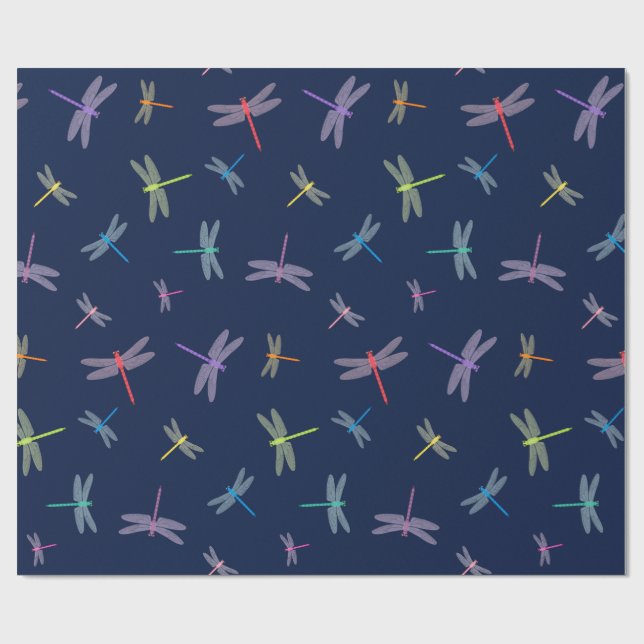 Rainbow Dragonflies on Midnight Blue Wrapping Paper (Flat)