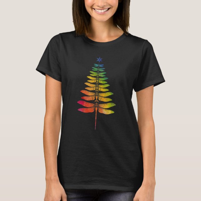 Rainbow Dragonfly Christmas Tree Fairycore Aesthet T-Shirt (Front)