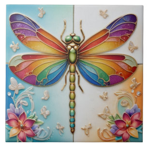 Rainbow Dragonfly - Colorful multicolor Ceramic Tile