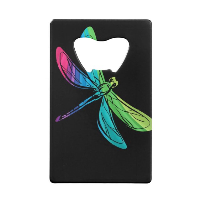 Rainbow Dragonfly on Black Credit Card Bottle Opener (Front)