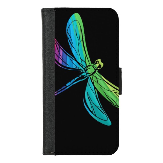 Rainbow Dragonfly on Black iPhone Wallet Case (Front)