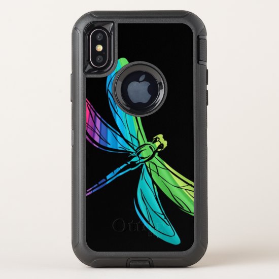 Rainbow Dragonfly on Black OtterBox Defender iPhone X Case