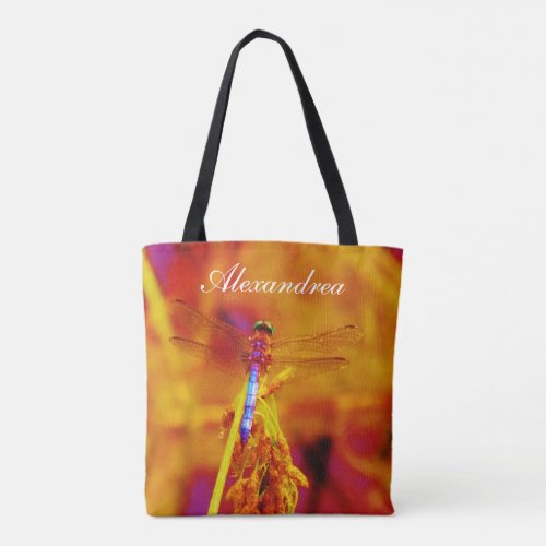 Rainbow Dragonfly  Orange pink background  w Name Tote Bag