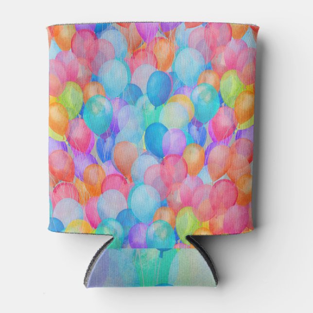 Rainbow Dreams: Watercolor Balloon Art Can Cooler (Front)