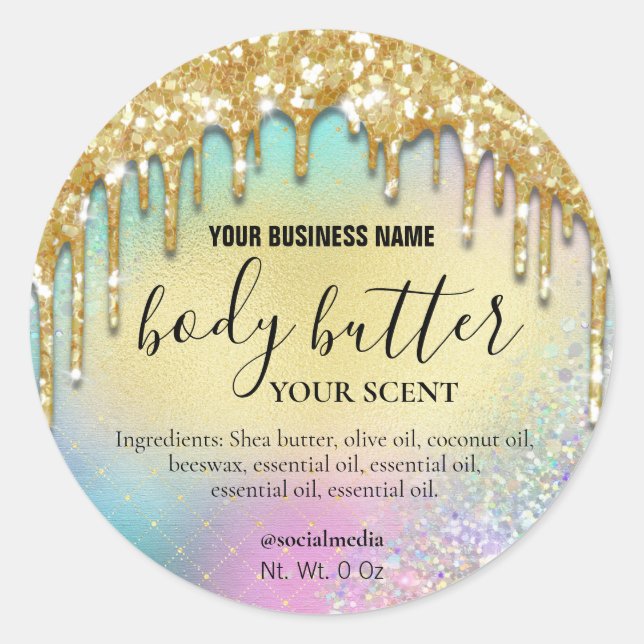 Rainbow Dripping Gold Glitter Body Butter Labels (Front)