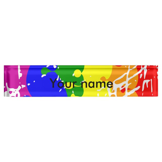 Rainbow Dripping Paint Distressed Desk Name Plate (Front)