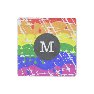 Rainbow Dripping Paint Distressed Monogram Stone Magnet