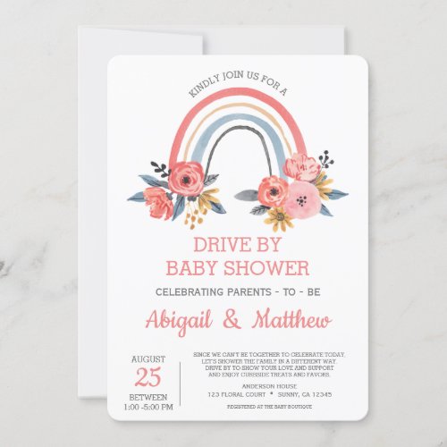Rainbow Drive By Baby Shower Floral  Invitation