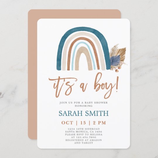 Rainbow Dusty Blue boho Baby Shower boy Invitation