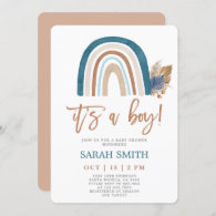 Rainbow Dusty Blue boho Baby Shower boy Invitation