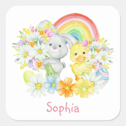 Rainbow Easter Bunny and Chick Square Sticker