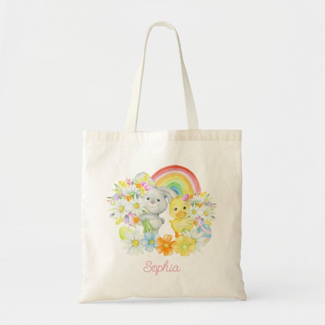 Rainbow Easter Bunny and Chick  Tote Bag (Front)