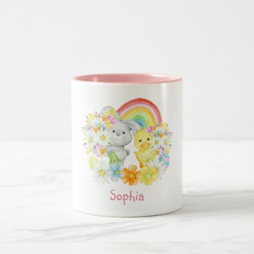 Rainbow Easter Bunny and Chick Two_Tone Coffee Mug