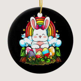 Rainbow Easter Bunny Rabbit Eggs Hunt Cute Ceramic Ornament