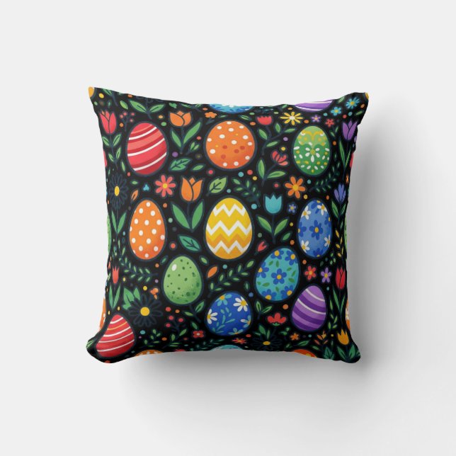 Rainbow Easter Eggs & Flowers Throw Pillow (Front)