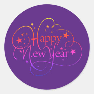 Rainbow Elegant Happy New Year Script Classic Round Sticker