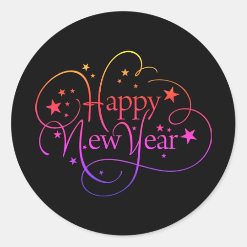 Rainbow Elegant Happy New Year Script Classic Round Sticker