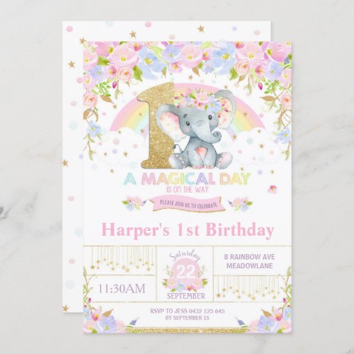 Rainbow Elephant 1st Birthday Invitation Girl