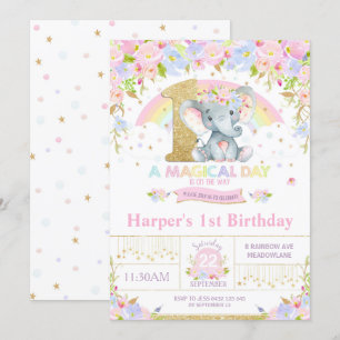 Rainbow Elephant 1st Birthday Invitation Girl