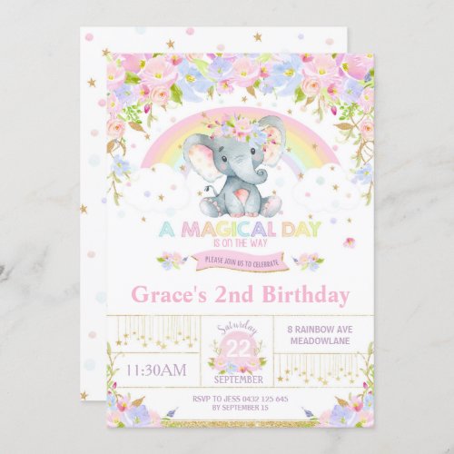 Rainbow Elephant Birthday Party Invitation Girl